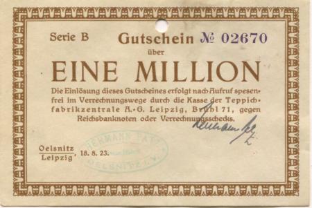 Oelsnitz und Leipzig - Patz, Hermann, Teppichfabrik - 18.8.1923 - 1 Million Mark 
