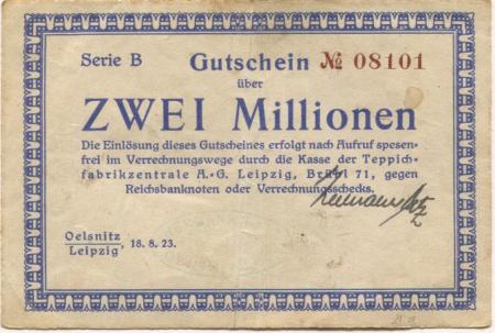 Oelsnitz und Leipzig - Patz, Hermann, Teppichfabrik - 18.8.1923 - 2 Millionen Mark 