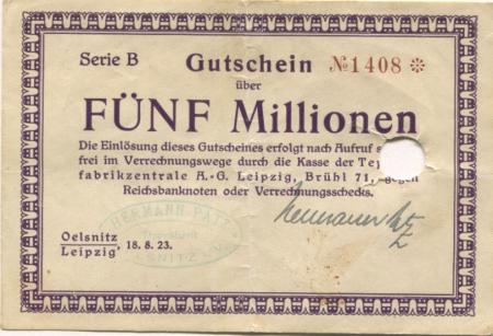 Oelsnitz und Leipzig - Patz, Hermann, Teppichfabrik - 18.8.1923 - 5 Millionen Mark 