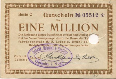 Oelsnitz und Leipzig - Schenk, Schmidt & Beuttler - 18.8.1923 - 1 Million Mark 