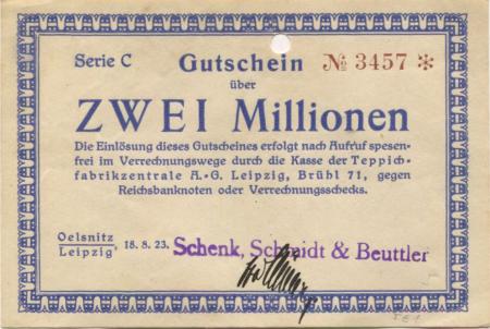 Oelsnitz und Leipzig - Schenk, Schmidt & Beuttler - 18.8.1923 - 2 Millionen Mark 