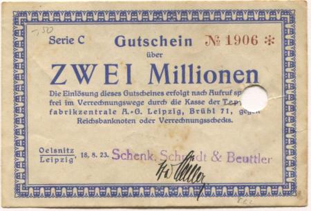 Oelsnitz und Leipzig - Schenk, Schmidt & Beuttler - 18.8.1923 - 2 Millionen Mark 
