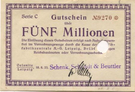 Oelsnitz und Leipzig - Schenk, Schmidt & Beuttler - 18.8.1923 - 5 Millionen Mark 