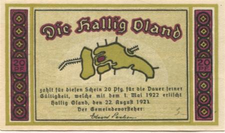 Oland (Hallig) (heute: Langeneß) - Gemeinde - 22.8.1921 - 1.5.1922 - 20 Pfennig 