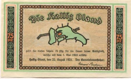 Oland (Hallig) (heute: Langeneß) - Gemeinde - 22.8.1921 - 1.5.1922 - 75 Pfennig 