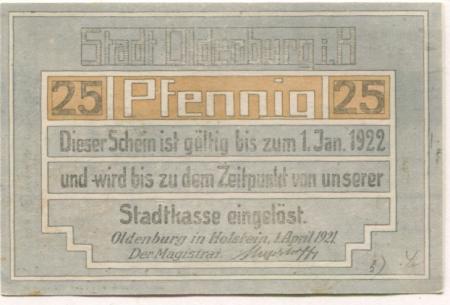 Oldenburg - Stadt - 1.4.1921 - 1.1.1922 - 25 Pfennig 