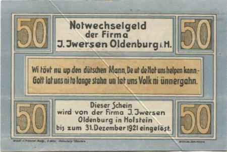 Oldenburg - Iwersen, I., Manufaktur-, Kolonial- und Materialwarenhandlung, Schuhstr. 36 - - 31.12.1921 - 50 Pfennig 