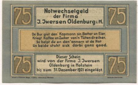 Oldenburg - Iwersen, I., Manufaktur-, Kolonial- und Materialwarenhandlung, Schuhstr. 36 - - 31.12.1921 - 75 Pfennig 