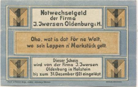 Oldenburg - Iwersen, I., Manufaktur-, Kolonial- und Materialwarenhandlung, Schuhstr. 36 - - 31.12.1921 - 1 Mark 