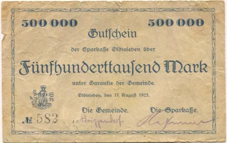 Oldisleben - Gemeinde und Sparkasse - 17,8.1923 - 500000 Mark 