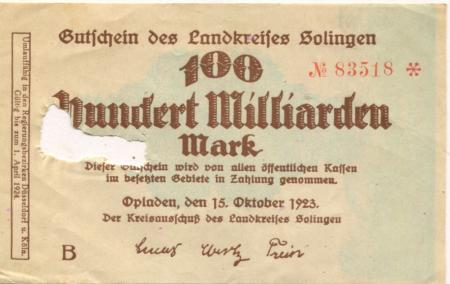Opladen - Kreis Solingen - 15.10.1923 - 1.4.1924 - 100 Milliarden Mark 