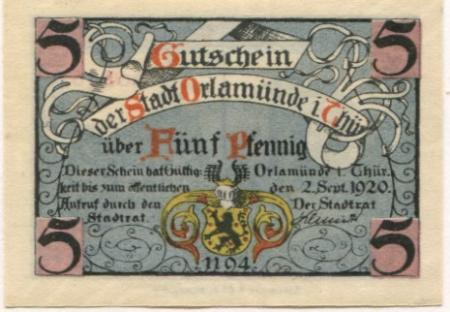 Orlamünde - Stadt - 2.9.1920 - 5 Pfennig 