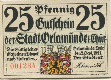 Orlamünde - Stadt - 2.9.1921 - 25 Pfennig 