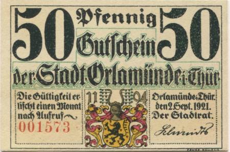 Orlamünde - Stadt - 2.9.1921 - 50 Pfennig 