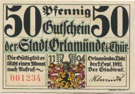 Orlamünde - Stadt - 2.9.1921 - 50 Pfennig 