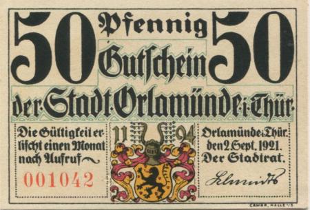 Orlamünde - Stadt - 2.9.1921 - 50 Pfennig 