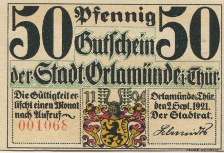 Orlamünde - Stadt - 2.9.1921 - 50 Pfennig 