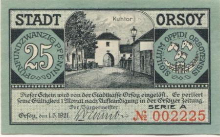 Orsoy (heute: Rheinberg) - Stadt - 1.5.1921 - 25 Pfennig 