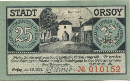 Orsoy (heute: Rheinberg) - Stadt - 1.5.1921 - 25 Pfennig 