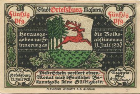 Ortelsburg (heute: PL-Szczytno) - Stadt - 11.7.1921 - 50 Pfennig 