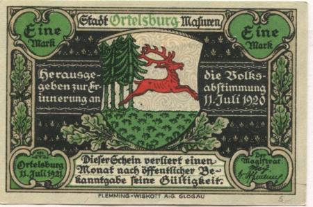 Ortelsburg (heute: PL-Szczytno) - Stadt - 11.7.1921 - 1 Mark 