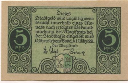 Oschersleben - Stadt - 1.3.1921 - 5 Pfennig 