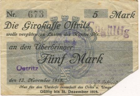 Ostritz - Spar- und Vorschussverein eGmbH - 12.11.1918 -1.12.1919 - 5 Mark 