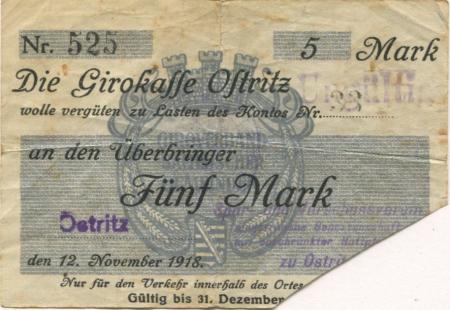 Ostritz - Spar- und Vorschussverein eGmbH - 12.11.1918 -1.12.1919 - 5 Mark 