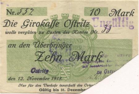 Ostritz - Spar- und Vorschussverein eGmbH - 12.11.1918 -1.12.1919 - 10 Mark 