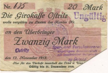 Ostritz - Spar- und Vorschussverein eGmbH - 12.11.1918 -1.12.1919 - 20 Mark 