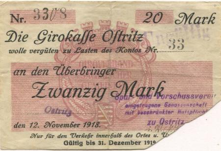 Ostritz - Spar- und Vorschussverein eGmbH - 12.11.1918 -1.12.1919 - 20 Mark 