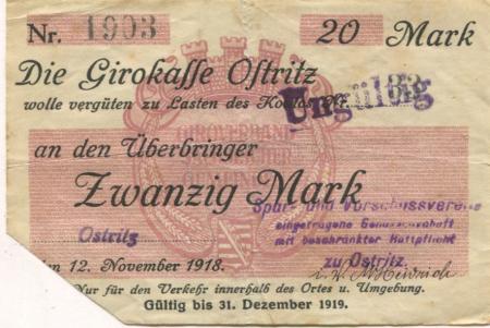 Ostritz - Spar- und Vorschussverein eGmbH - 12.11.1918 -1.12.1919 - 20 Mark 