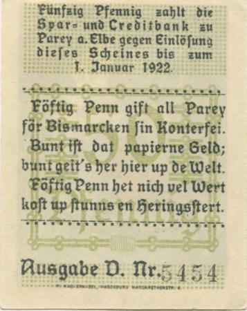 Parey (heute: Elbe-Parey) - Spar- und Creditbank - 1.4.1921 - 1.1.1922 - 50 Pfennig 