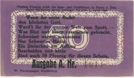 Parey (heute: Elbe-Parey) - Spar- und Creditbank - (21.6.)1921 - 1.4.1922 - 50 Pfennig 