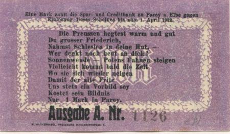 Parey (heute: Elbe-Parey) - Spar- und Creditbank - (21.6.)1921 - 1.4.1922 - 1 Mark 