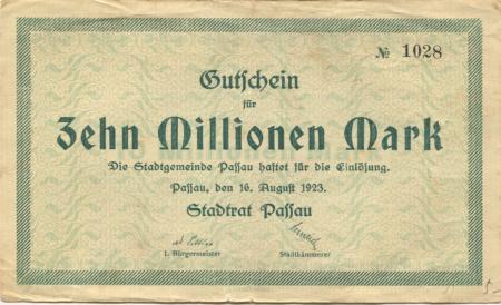 Passau - Stadt - 16.8.1923 - 10 Millionen Mark 