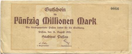 Passau - Stadt - 16.8.1923 - 50 Millionen Mark 