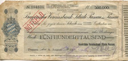 Passau - Bayerische Vereinsbank, Filiale Passau, Jägerhofstr. 2 - 6.8.1923 - 500000 Mark 