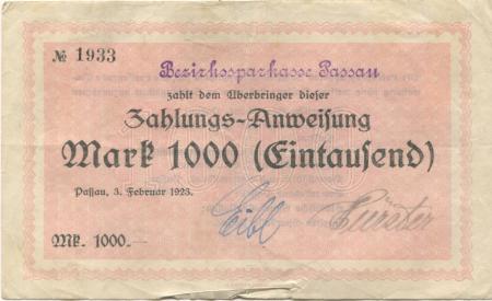 Passau - Bezirkssparkasse - 3.2.1923 - 1000 Mark 