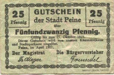 Peine - Stadt - April 1917 - 15.10.1919 - 25 Pfennig 