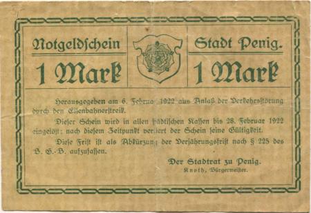 Penig - Stadt - 6.2.1922 - 28.2.1922 - 1 Mark 