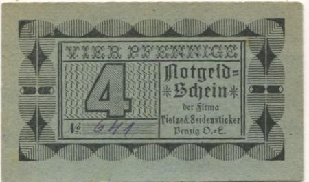 Penzig (heute: PL-Piensk) - Tietze & Seidensticker, Glasfabrik Marienhütte - -- - 4 Pfennig 