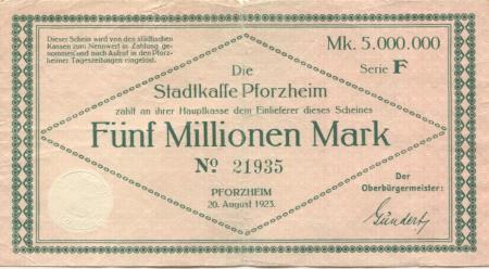 Pforzheim - Stadt - 20.8.1923 - 5 Millionen Mark 