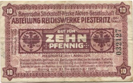 Piesteritz (heute: Wittenberg) - Bayerische Stickstoffwerke AG, Abteilung Reichswerke - 1.4.1917 - 1.12.1917 - 10 Pfennig 