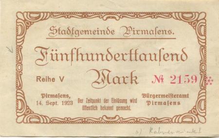Pirmasens - Stadt - 14.9.1923 - 500000 Mark 