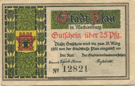 Plau - Stadt - 31.3.1922 - 25 Pfennig 