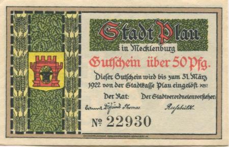 Plau - Stadt - 31.3.1922 - 50 Pfennig 