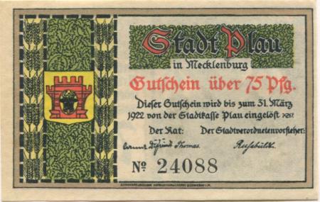 Plau - Stadt - 31.3.1922 - 75 Pfennig 