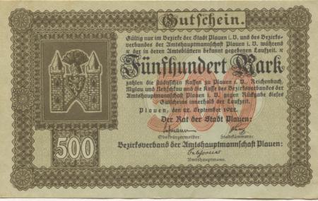 Plauen - Amtshauptmannschaft und Stadt - 22.9.1922 - 500 Mark 