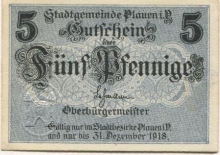 Plauen - Stadt - - 31.12.1918 - 5 Pfennig 